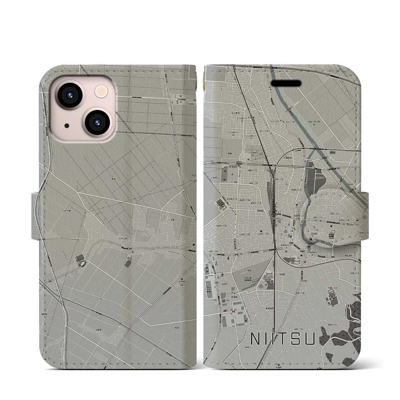 【新津(新潟県)】地図柄iPhoneケース(手帳タイプ)モノトーン・iPhone 13 mini 用
