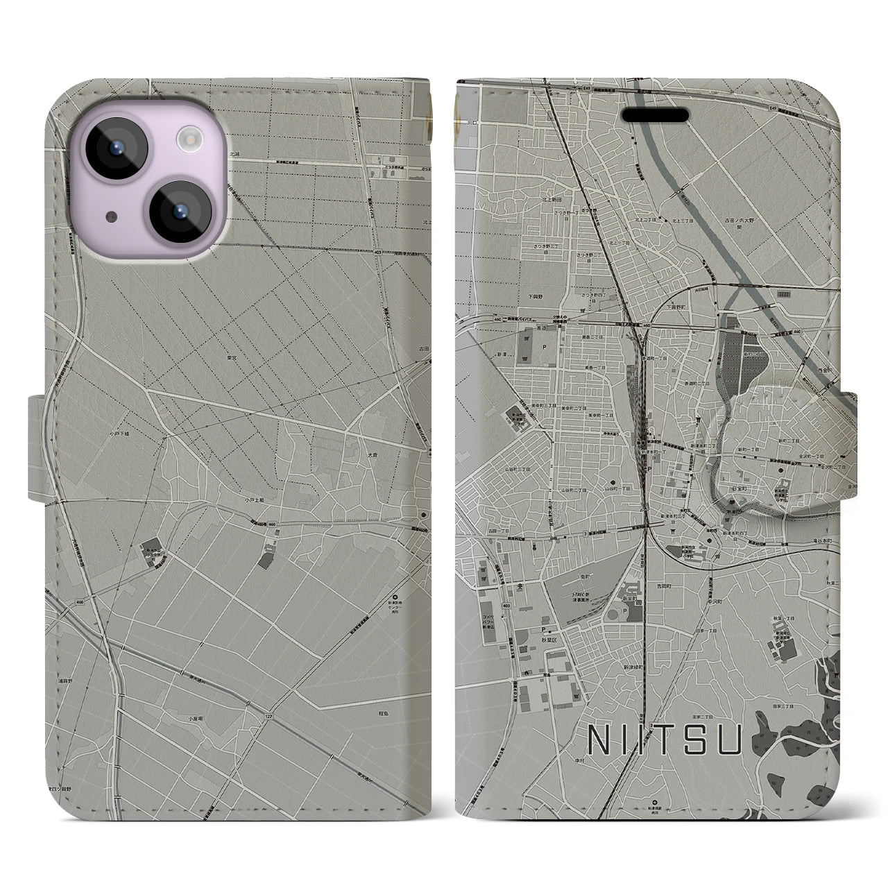 【新津(新潟県)】地図柄iPhoneケース(手帳タイプ)モノトーン・iPhone 14 用