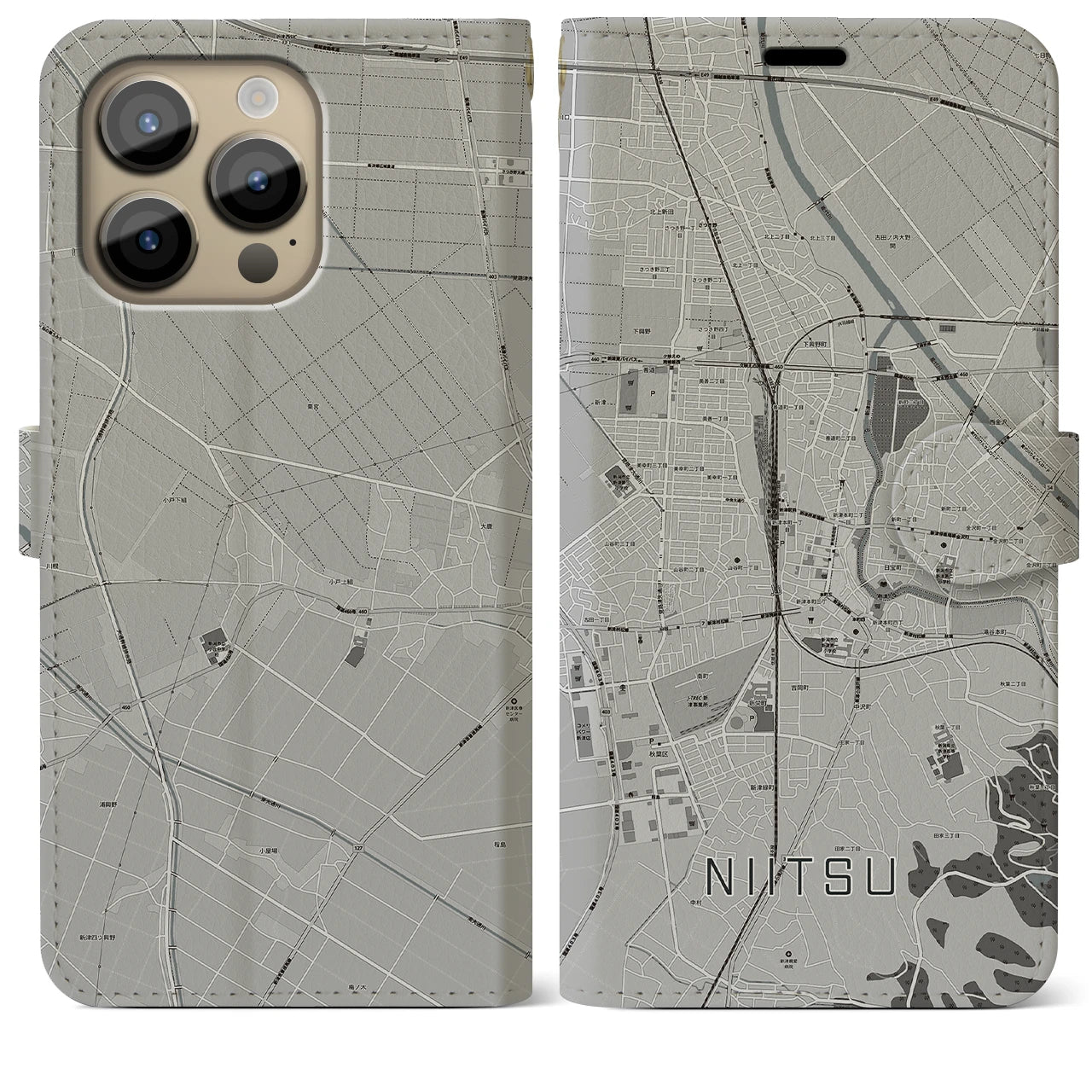 【新津(新潟県)】地図柄iPhoneケース(手帳タイプ)モノトーン・iPhone 14 Pro Max 用
