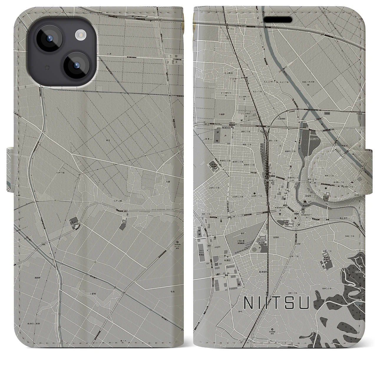 【新津(新潟県)】地図柄iPhoneケース(手帳タイプ)モノトーン・iPhone 14 Plus 用