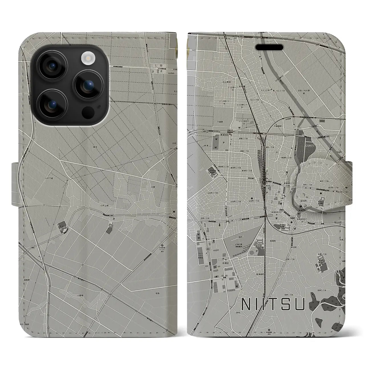 【新津(新潟県)】地図柄iPhoneケース(手帳タイプ)モノトーン・iPhone 16 用
