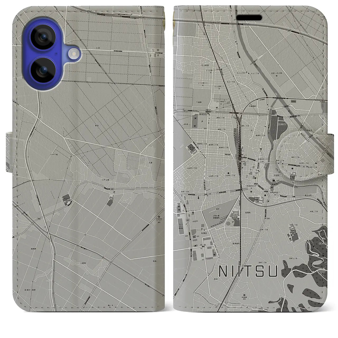 【新津(新潟県)】地図柄iPhoneケース(手帳タイプ)モノトーン・iPhone 16 Pro Max 用