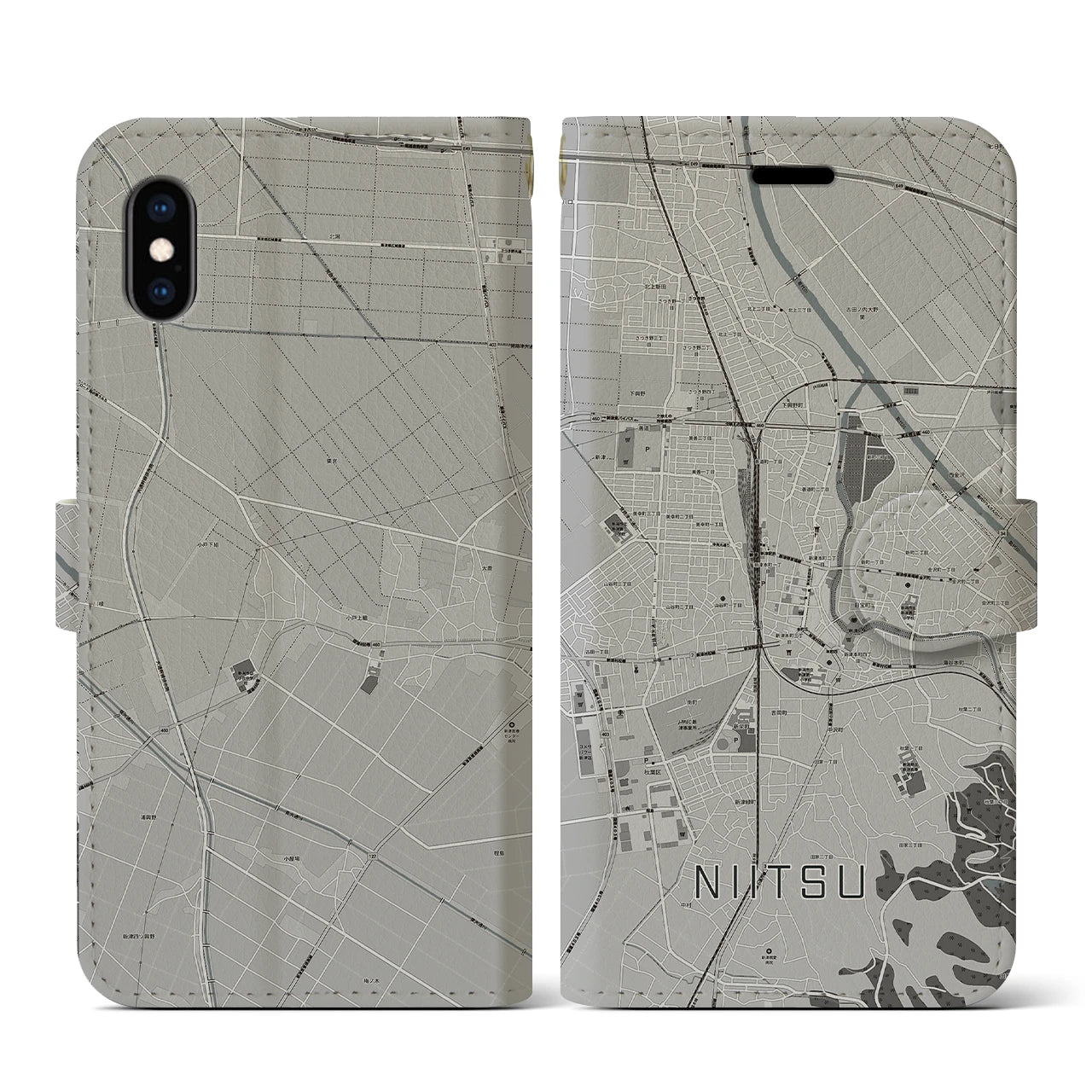 【新津(新潟県)】地図柄iPhoneケース(手帳タイプ)モノトーン・iPhone XS / X 用