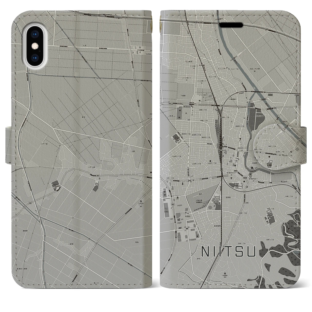 【新津(新潟県)】地図柄iPhoneケース(手帳タイプ)モノトーン・iPhone XS Max 用