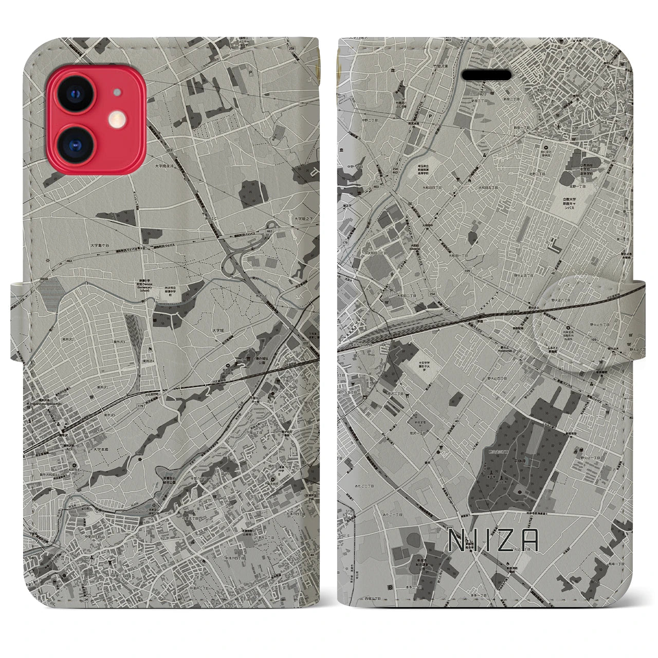 【新座(埼玉県)】地図柄iPhoneケース(手帳タイプ)モノトーン・iPhone 11 用