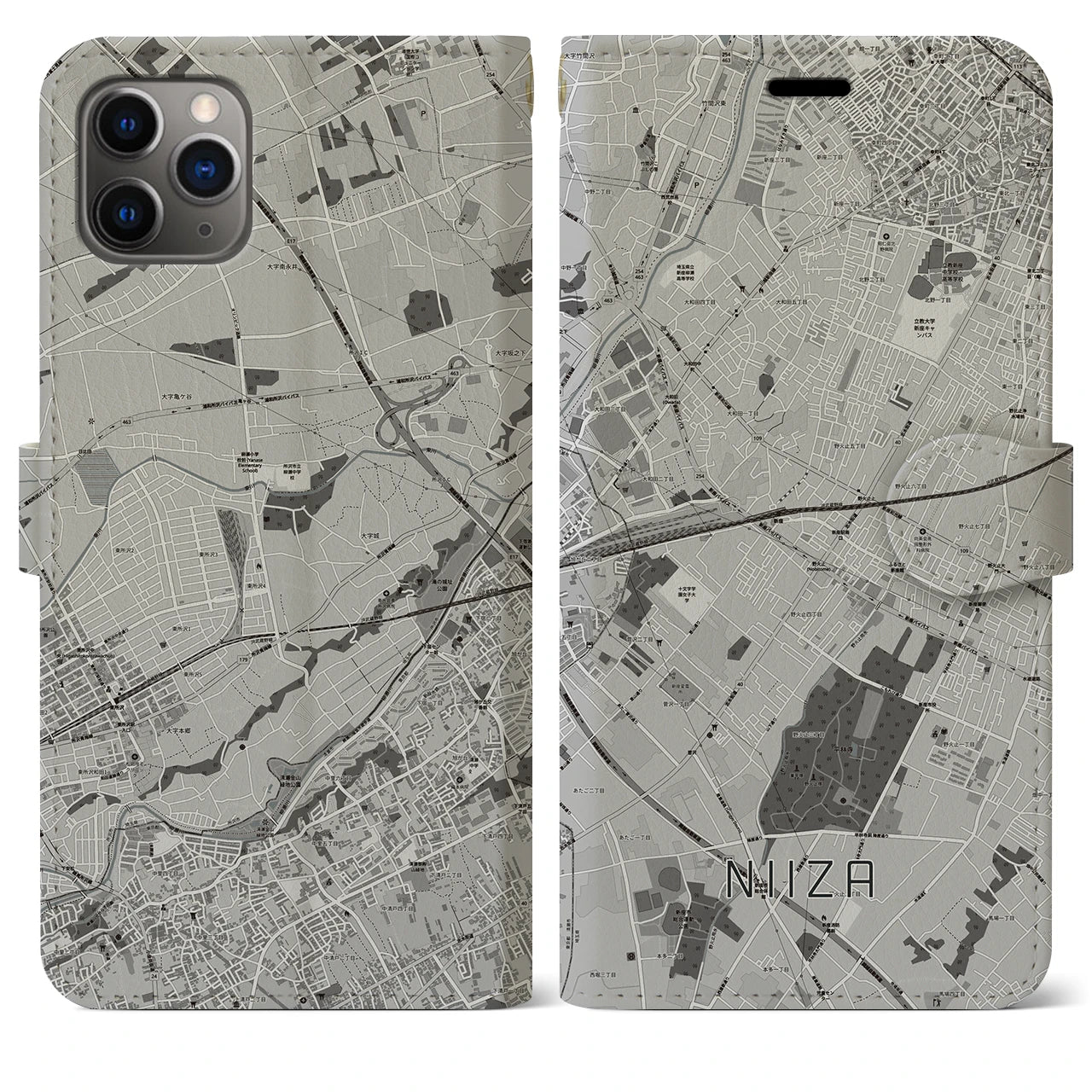 【新座(埼玉県)】地図柄iPhoneケース(手帳タイプ)モノトーン・iPhone 11 Pro Max 用