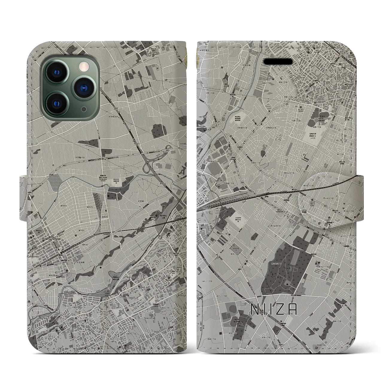 【新座(埼玉県)】地図柄iPhoneケース(手帳タイプ)モノトーン・iPhone 11 Pro 用