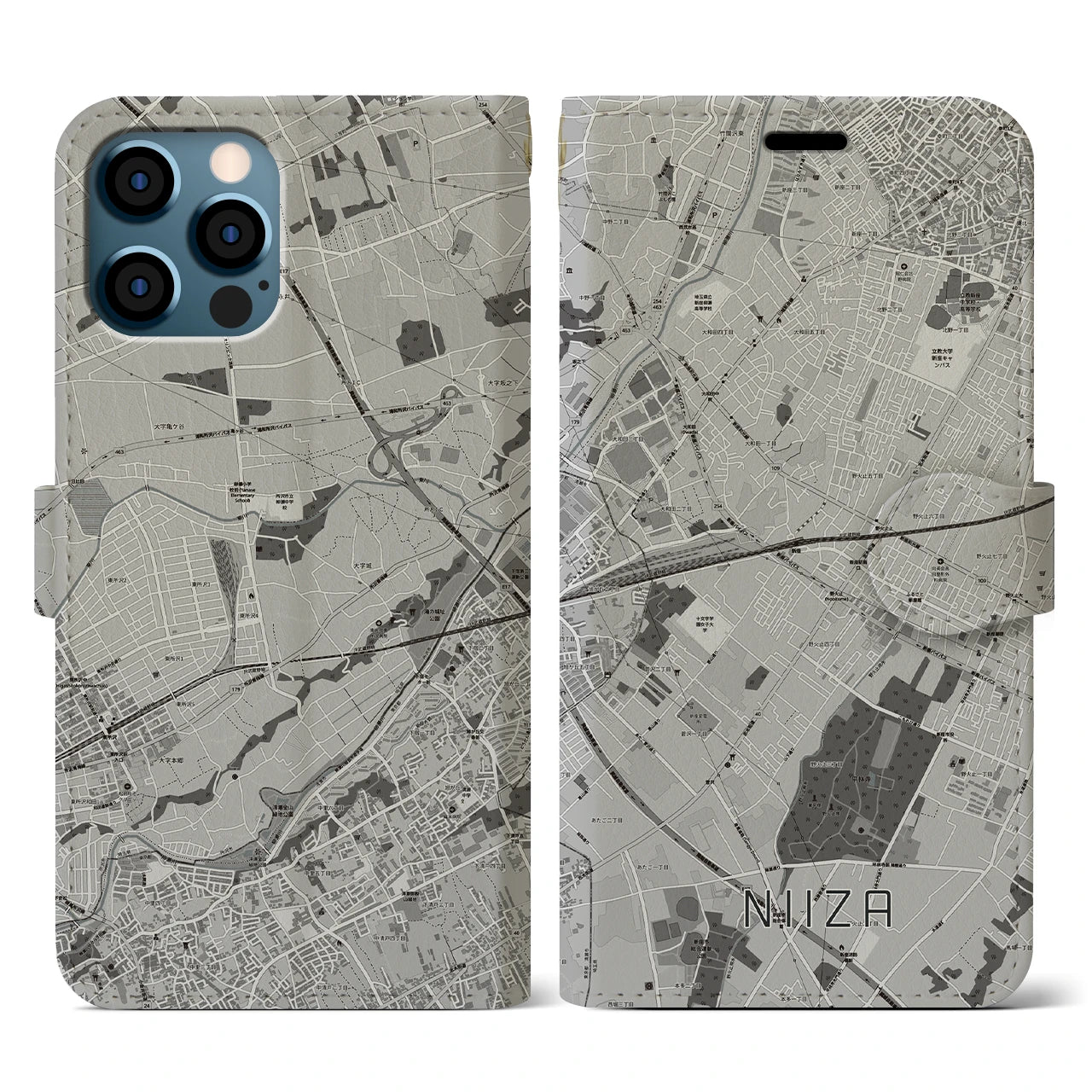 【新座(埼玉県)】地図柄iPhoneケース(手帳タイプ)モノトーン・iPhone 12 / 12 Pro 用