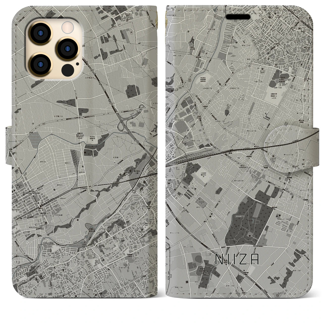 【新座(埼玉県)】地図柄iPhoneケース(手帳タイプ)モノトーン・iPhone 12 Pro Max 用
