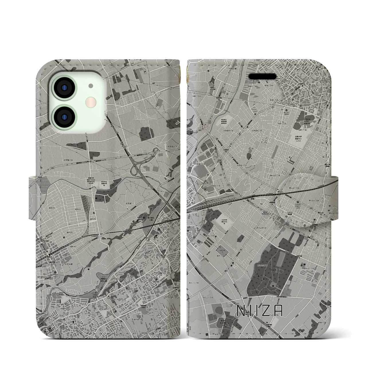 【新座(埼玉県)】地図柄iPhoneケース(手帳タイプ)モノトーン・iPhone 12 mini 用