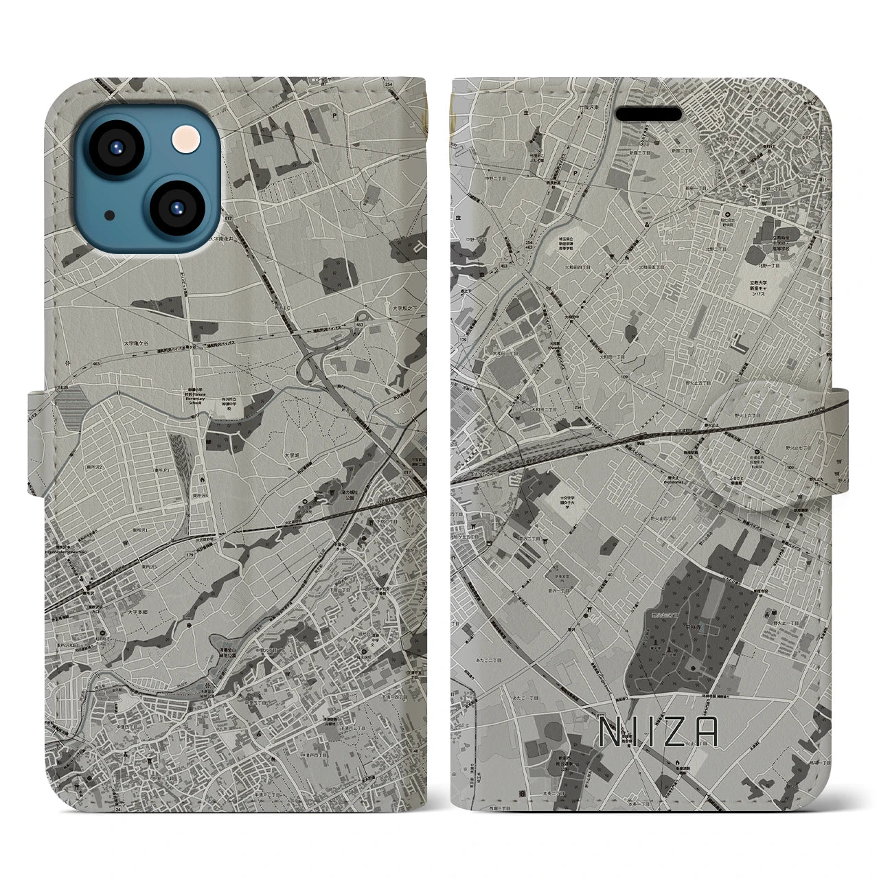 【新座(埼玉県)】地図柄iPhoneケース(手帳タイプ)モノトーン・iPhone 13 用