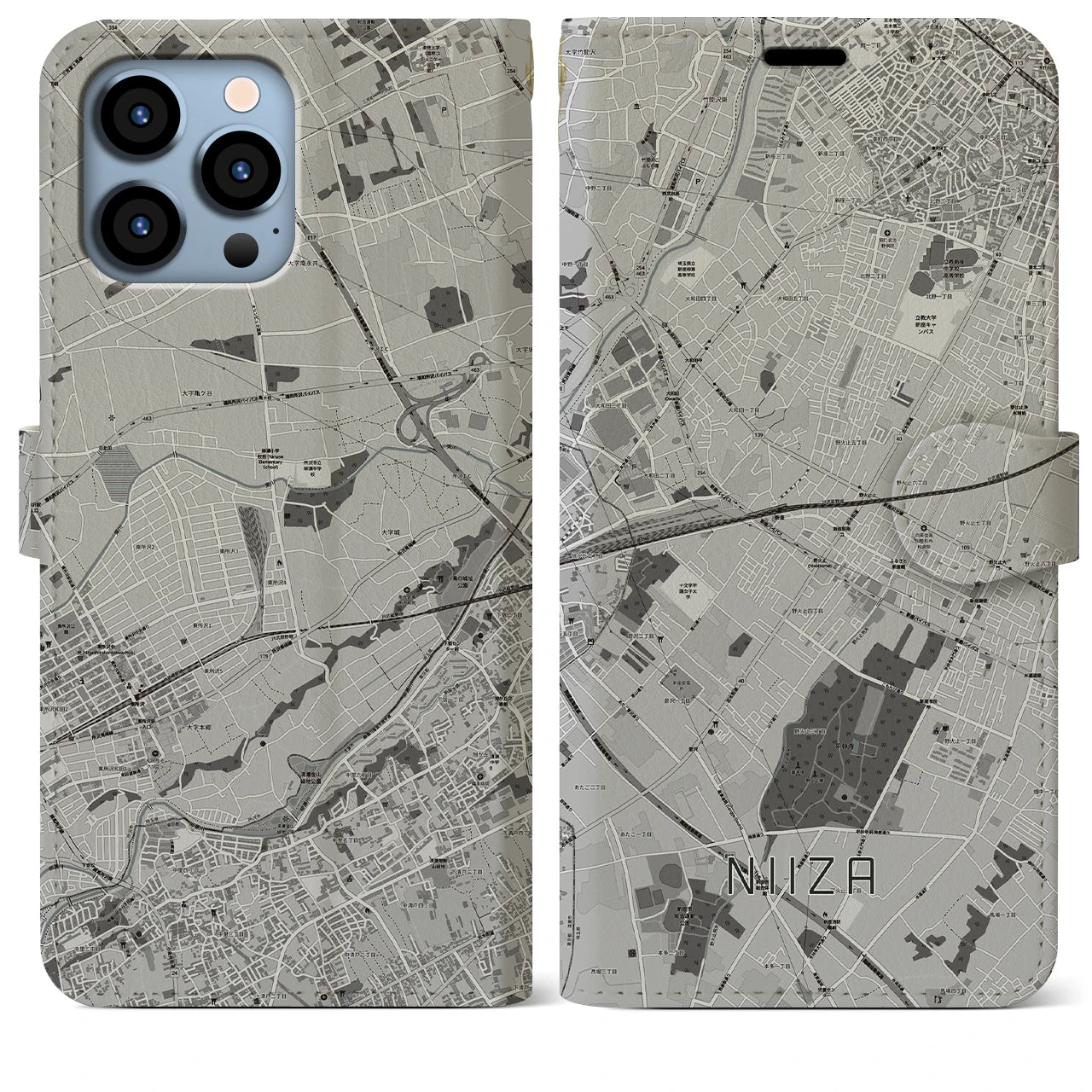 【新座(埼玉県)】地図柄iPhoneケース(手帳タイプ)モノトーン・iPhone 13 Pro Max 用