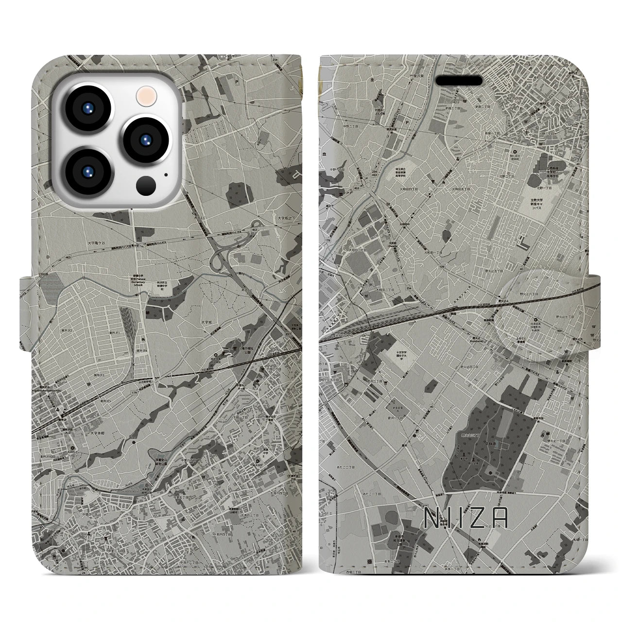 【新座(埼玉県)】地図柄iPhoneケース(手帳タイプ)モノトーン・iPhone 13 Pro 用