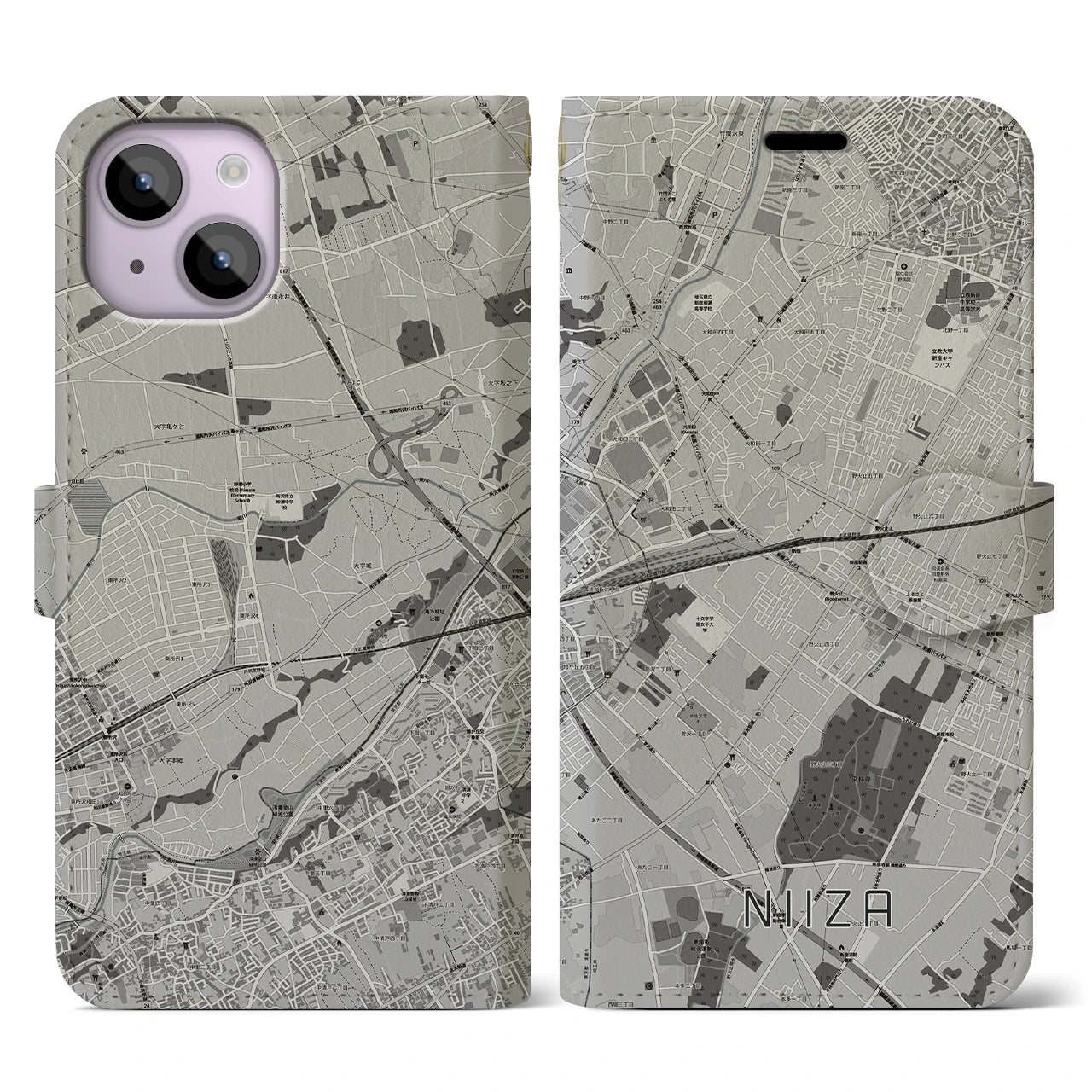 【新座(埼玉県)】地図柄iPhoneケース(手帳タイプ)モノトーン・iPhone 14 用