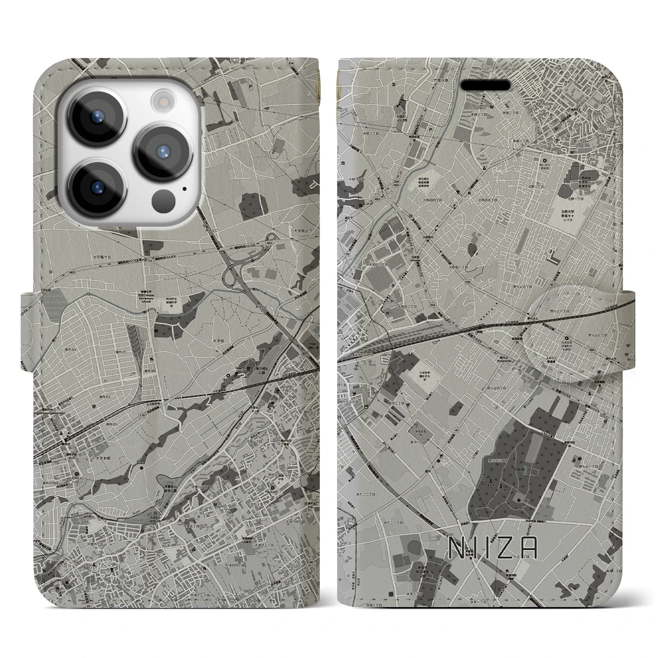 【新座(埼玉県)】地図柄iPhoneケース(手帳タイプ)モノトーン・iPhone 14 Pro 用