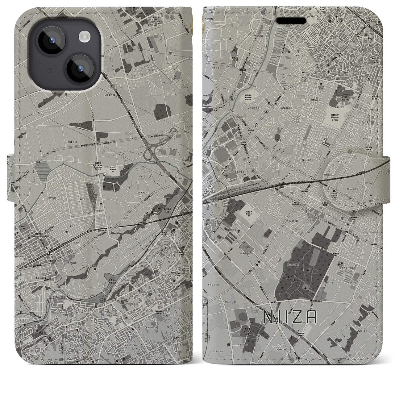 【新座(埼玉県)】地図柄iPhoneケース(手帳タイプ)モノトーン・iPhone 14 Plus 用