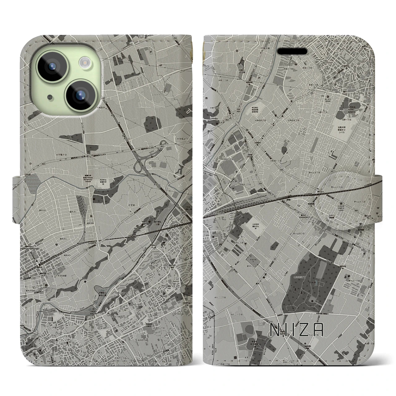 【新座(埼玉県)】地図柄iPhoneケース(手帳タイプ)モノトーン・iPhone 15 用