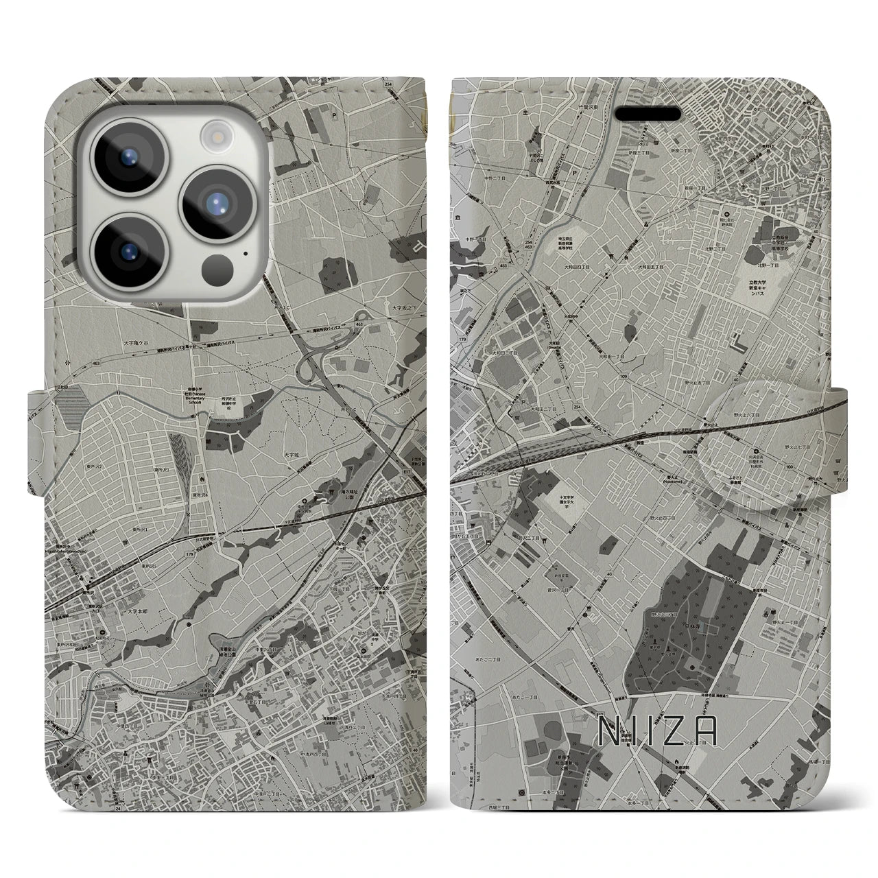 【新座(埼玉県)】地図柄iPhoneケース(手帳タイプ)モノトーン・iPhone 15 Pro 用