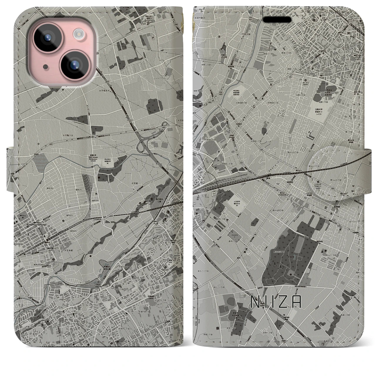 【新座(埼玉県)】地図柄iPhoneケース(手帳タイプ)モノトーン・iPhone 15 Plus 用