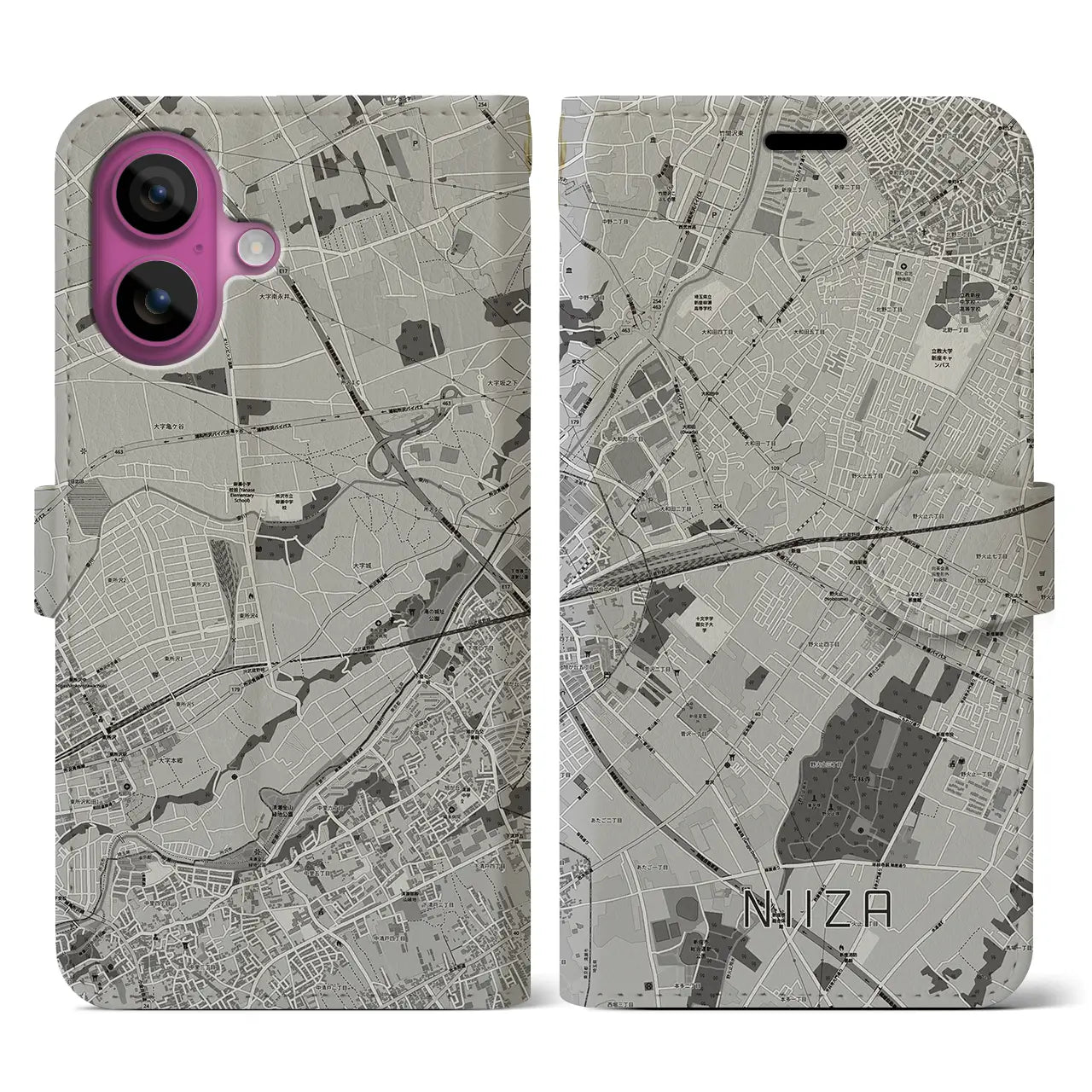 【新座(埼玉県)】地図柄iPhoneケース(手帳タイプ)モノトーン・iPhone 16 Pro 用