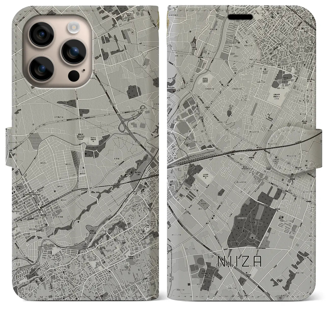 【新座(埼玉県)】地図柄iPhoneケース(手帳タイプ)モノトーン・iPhone 16 Plus 用