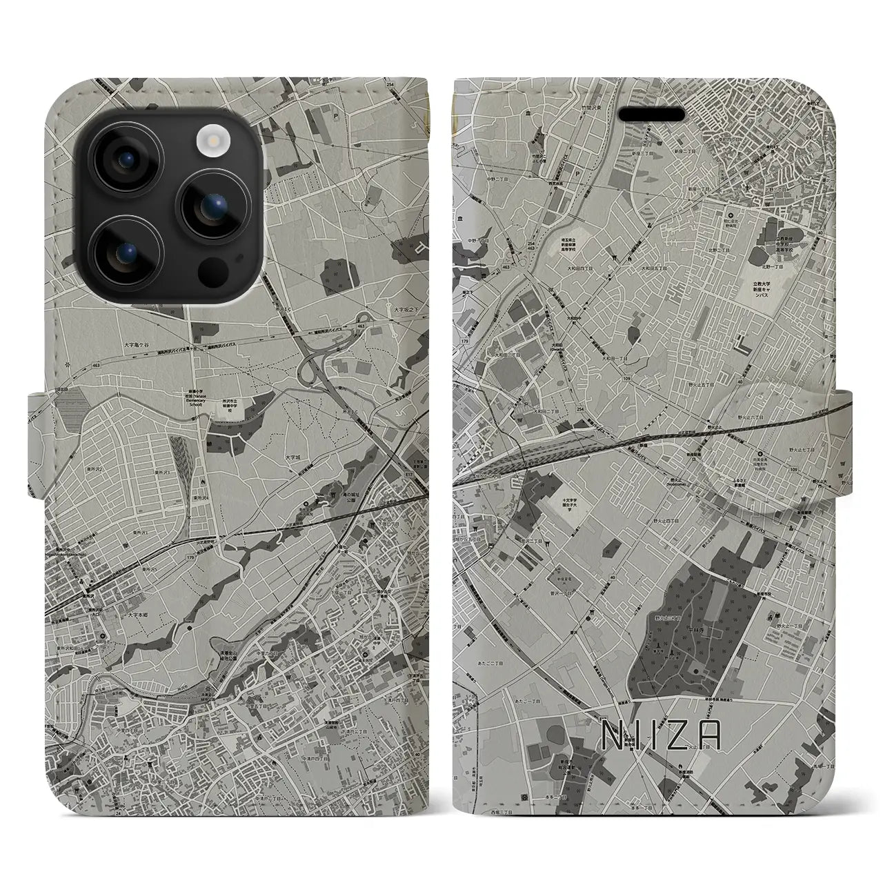 【新座(埼玉県)】地図柄iPhoneケース(手帳タイプ)モノトーン・iPhone 16 用