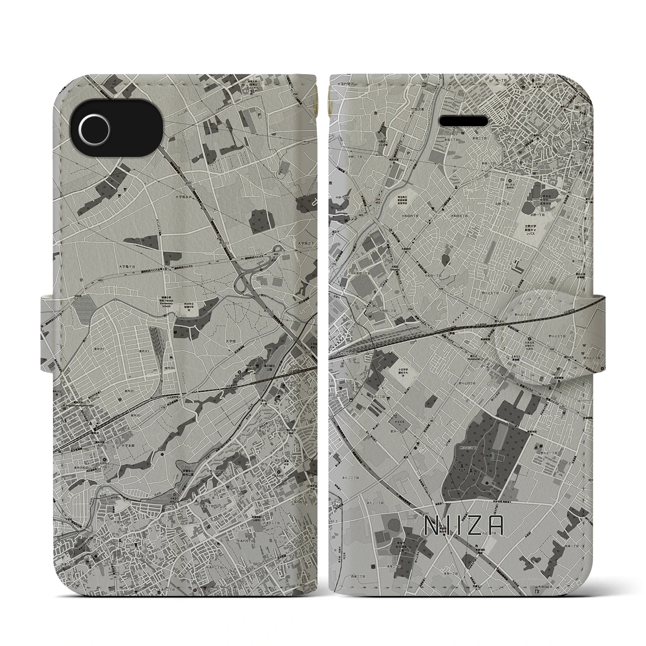 【新座(埼玉県)】地図柄iPhoneケース(手帳タイプ)モノトーン・iPhone SE(第3 / 第2世代) / 8 / 7 / 6s / 6 用