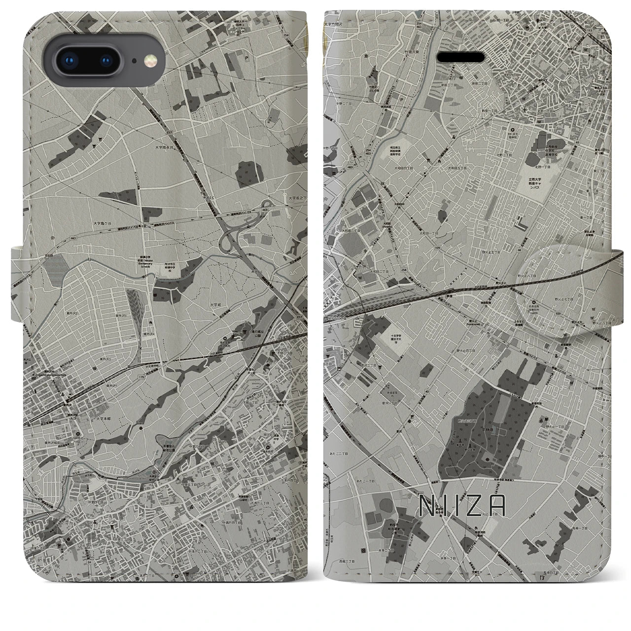 【新座(埼玉県)】地図柄iPhoneケース(手帳タイプ)モノトーン・iPhone 8Plus /7Plus / 6sPlus / 6Plus 用