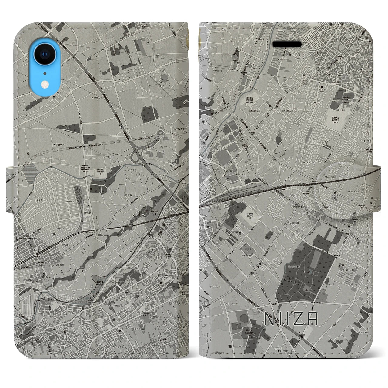 【新座(埼玉県)】地図柄iPhoneケース(手帳タイプ)モノトーン・iPhone XR 用