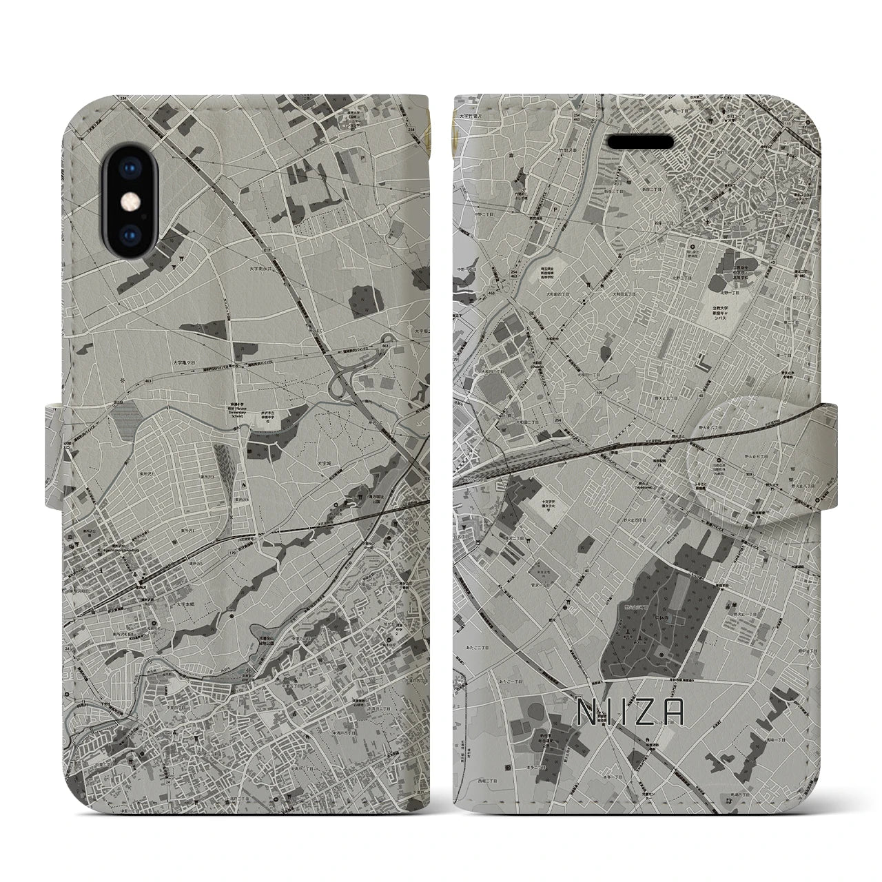 【新座(埼玉県)】地図柄iPhoneケース(手帳タイプ)モノトーン・iPhone XS / X 用