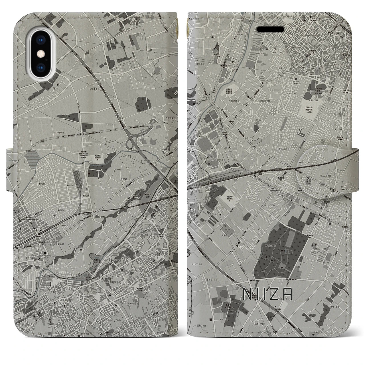 【新座(埼玉県)】地図柄iPhoneケース(手帳タイプ)モノトーン・iPhone XS Max 用