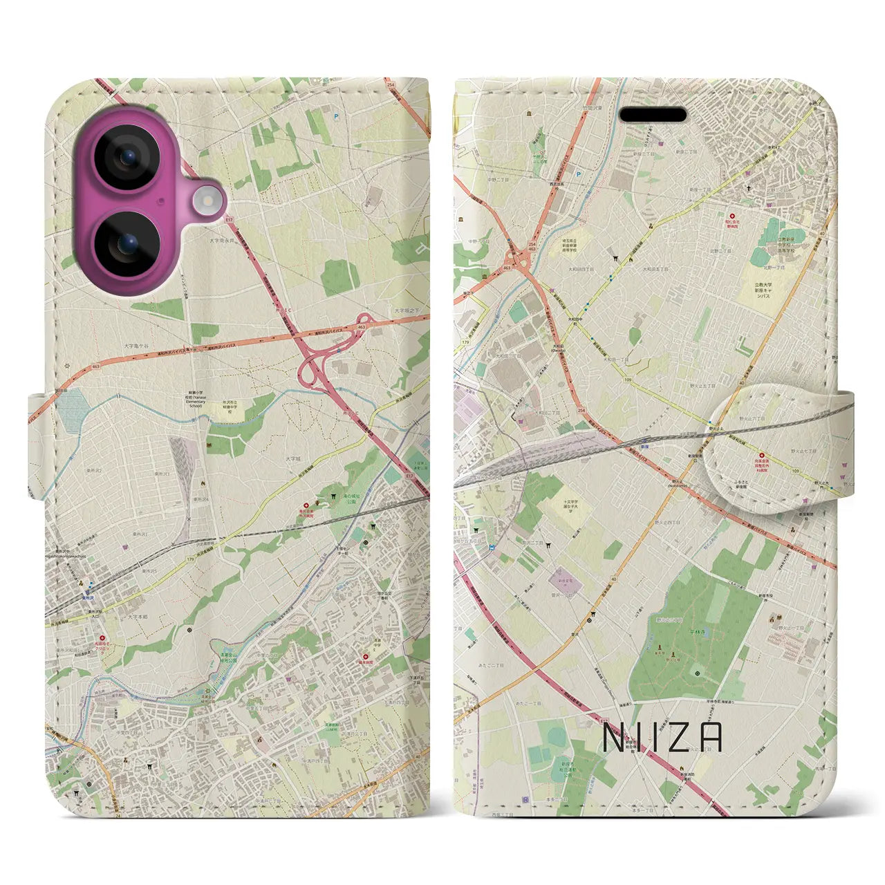 【新座(埼玉県)】地図柄iPhoneケース(手帳タイプ)ナチュラル・iPhone 16 Pro 用