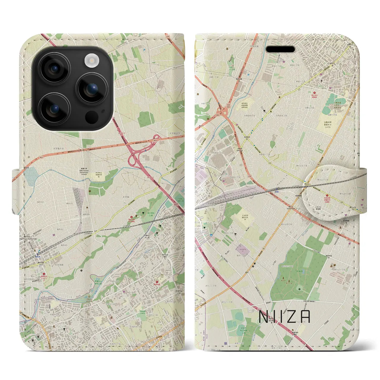 【新座(埼玉県)】地図柄iPhoneケース(手帳タイプ)ナチュラル・iPhone 16 用