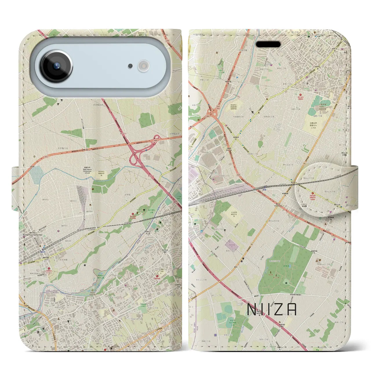 【新座(埼玉県)】地図柄iPhoneケース(手帳タイプ)ナチュラル・iPhone 17 Pro Max 用
