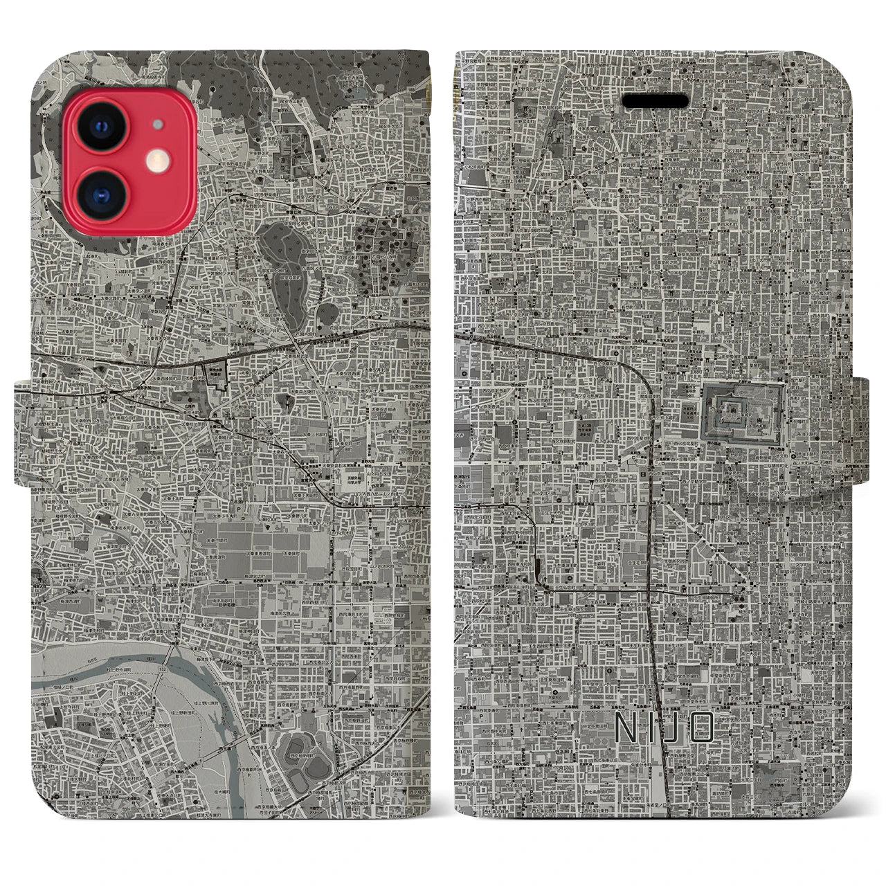 【二条(京都府)】地図柄iPhoneケース(手帳タイプ)モノトーン・iPhone 11 用
