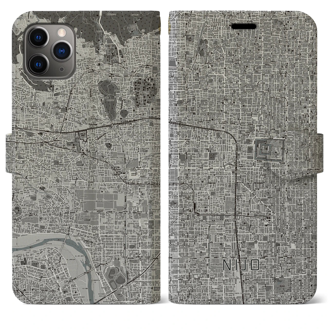 【二条(京都府)】地図柄iPhoneケース(手帳タイプ)モノトーン・iPhone 11 Pro Max 用