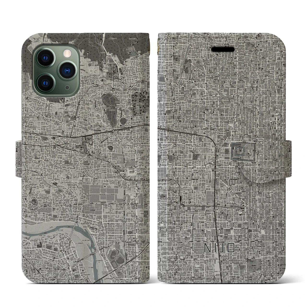 【二条(京都府)】地図柄iPhoneケース(手帳タイプ)モノトーン・iPhone 11 Pro 用