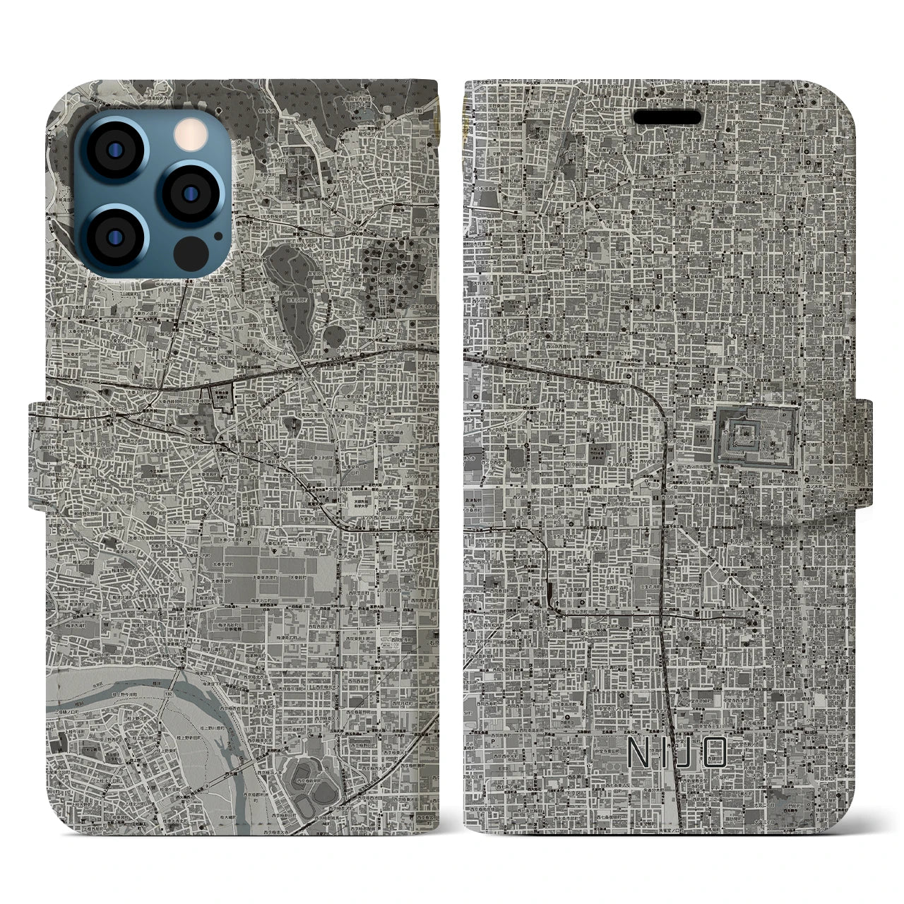 【二条(京都府)】地図柄iPhoneケース(手帳タイプ)モノトーン・iPhone 12 / 12 Pro 用