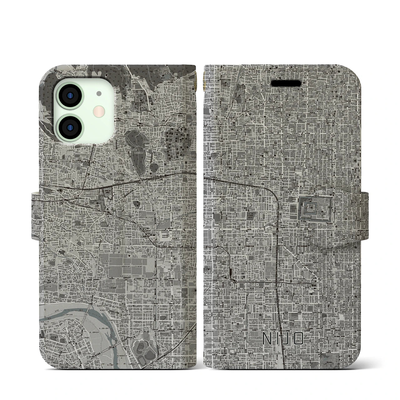 【二条(京都府)】地図柄iPhoneケース(手帳タイプ)モノトーン・iPhone 12 mini 用