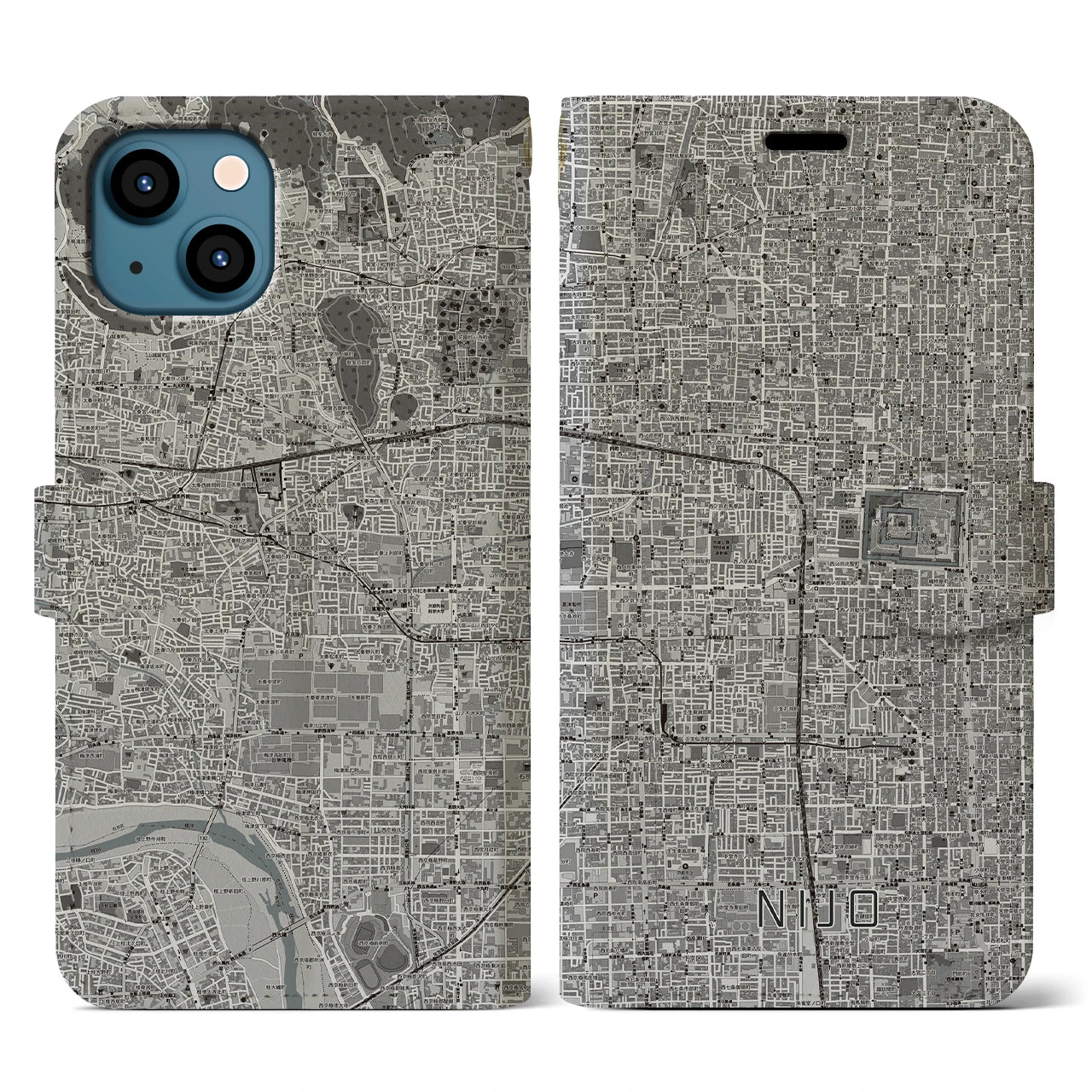 【二条(京都府)】地図柄iPhoneケース(手帳タイプ)モノトーン・iPhone 13 用