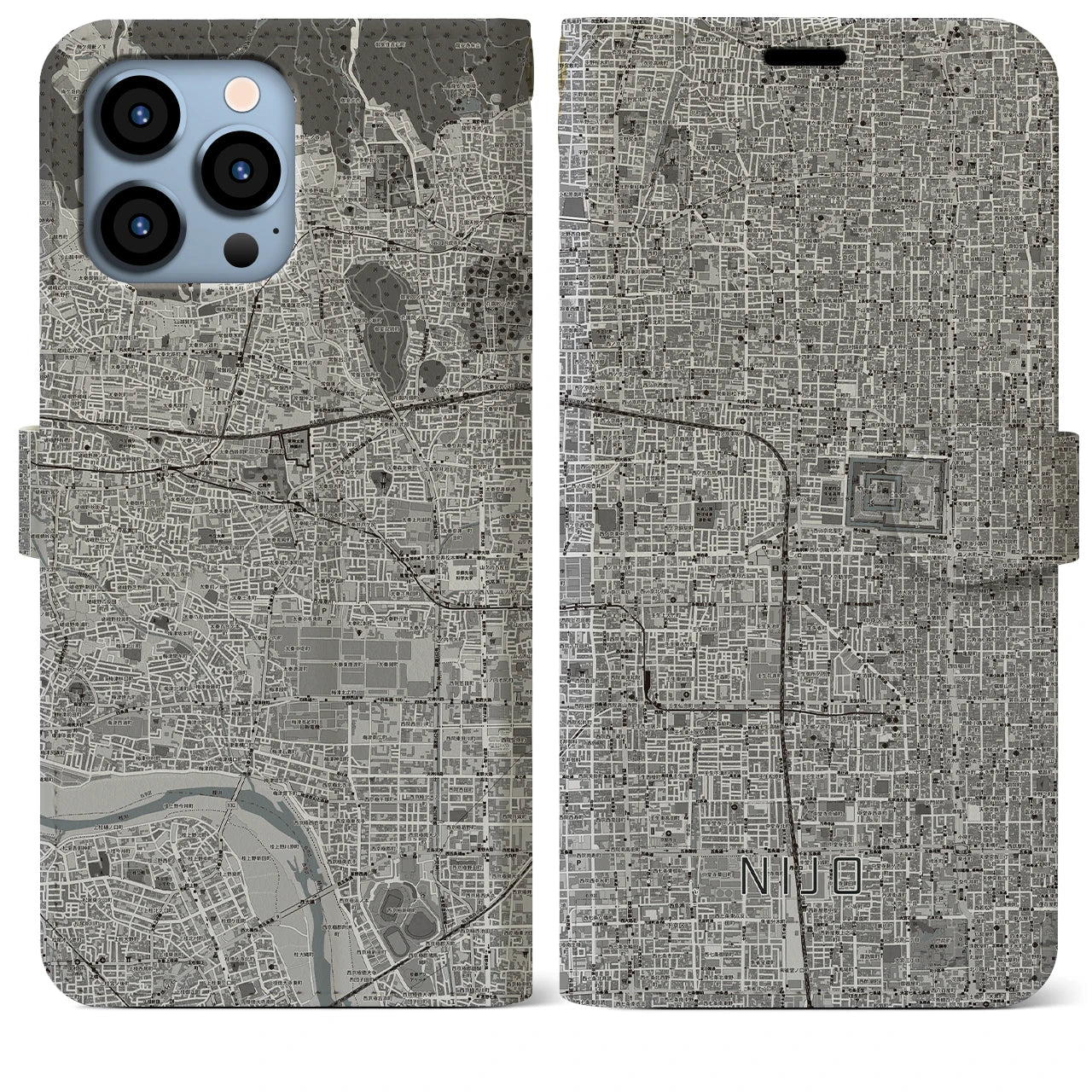 【二条(京都府)】地図柄iPhoneケース(手帳タイプ)モノトーン・iPhone 13 Pro Max 用