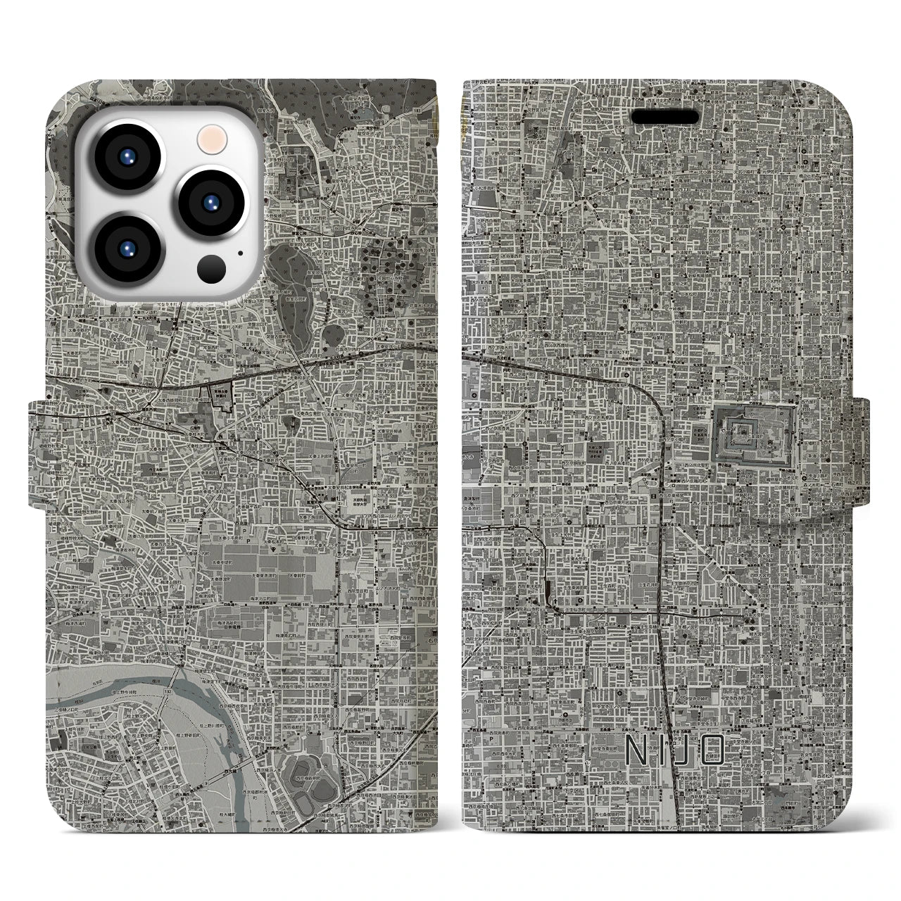【二条(京都府)】地図柄iPhoneケース(手帳タイプ)モノトーン・iPhone 13 Pro 用