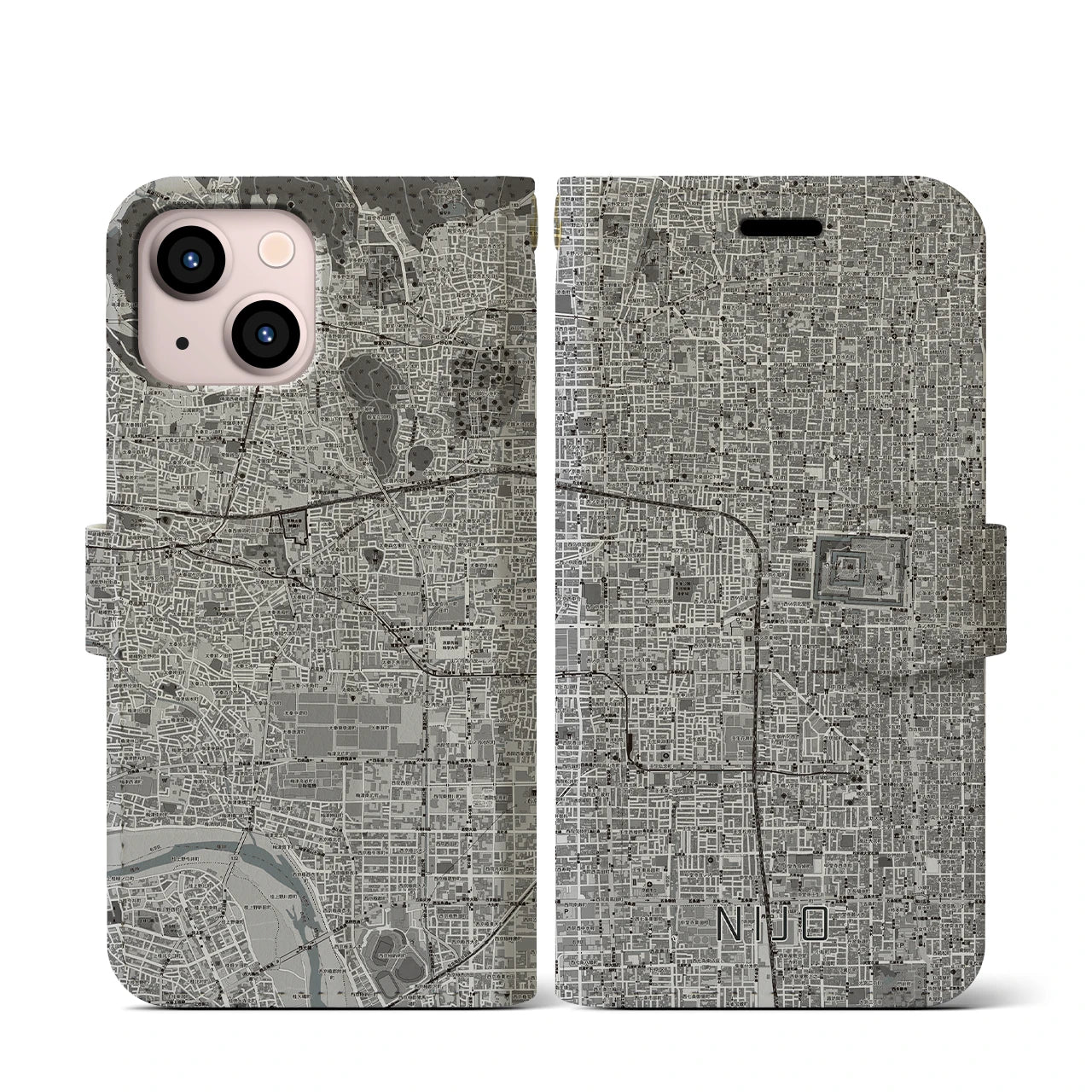 【二条(京都府)】地図柄iPhoneケース(手帳タイプ)モノトーン・iPhone 13 mini 用