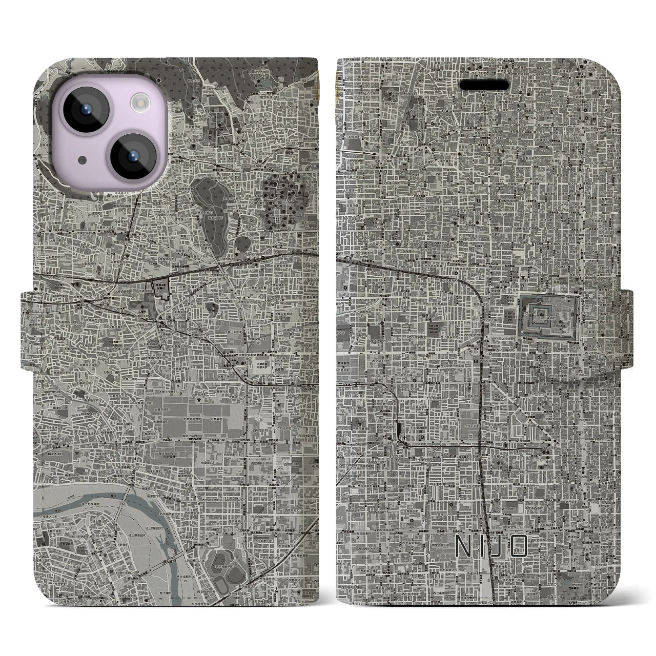 【二条(京都府)】地図柄iPhoneケース(手帳タイプ)モノトーン・iPhone 14 用