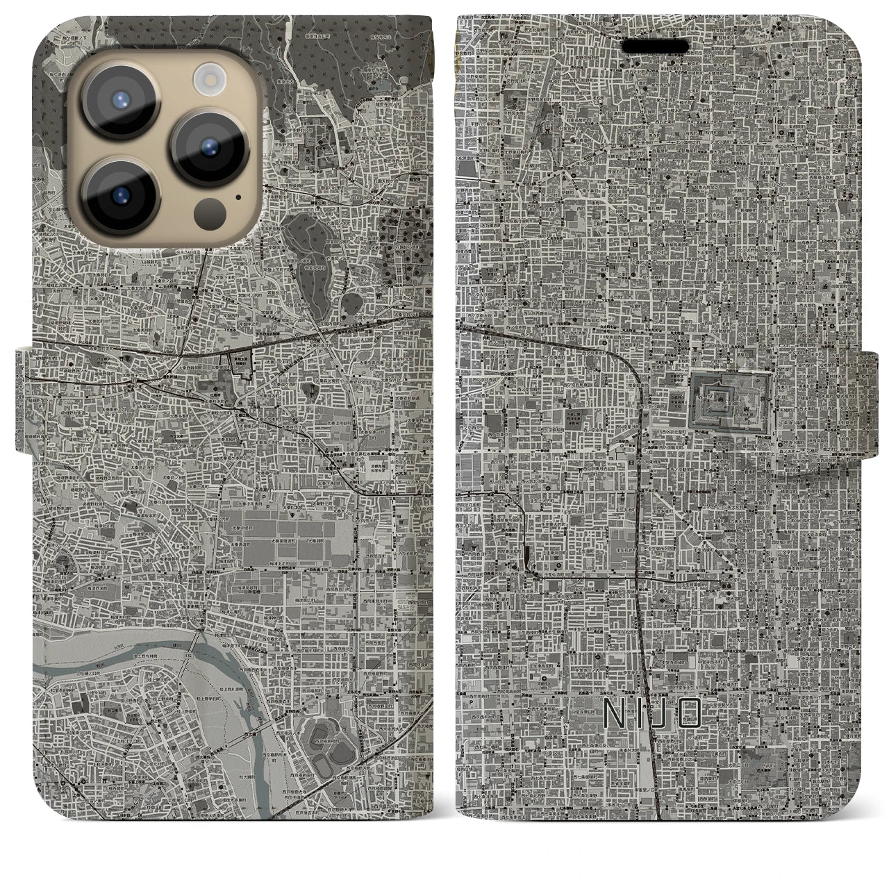 【二条(京都府)】地図柄iPhoneケース(手帳タイプ)モノトーン・iPhone 14 Pro Max 用