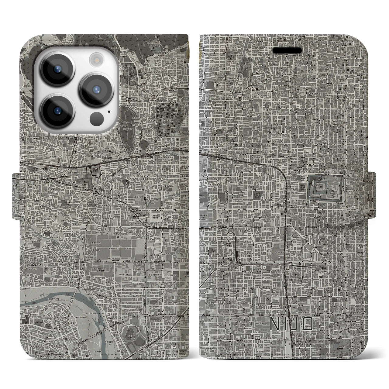 【二条(京都府)】地図柄iPhoneケース(手帳タイプ)モノトーン・iPhone 14 Pro 用