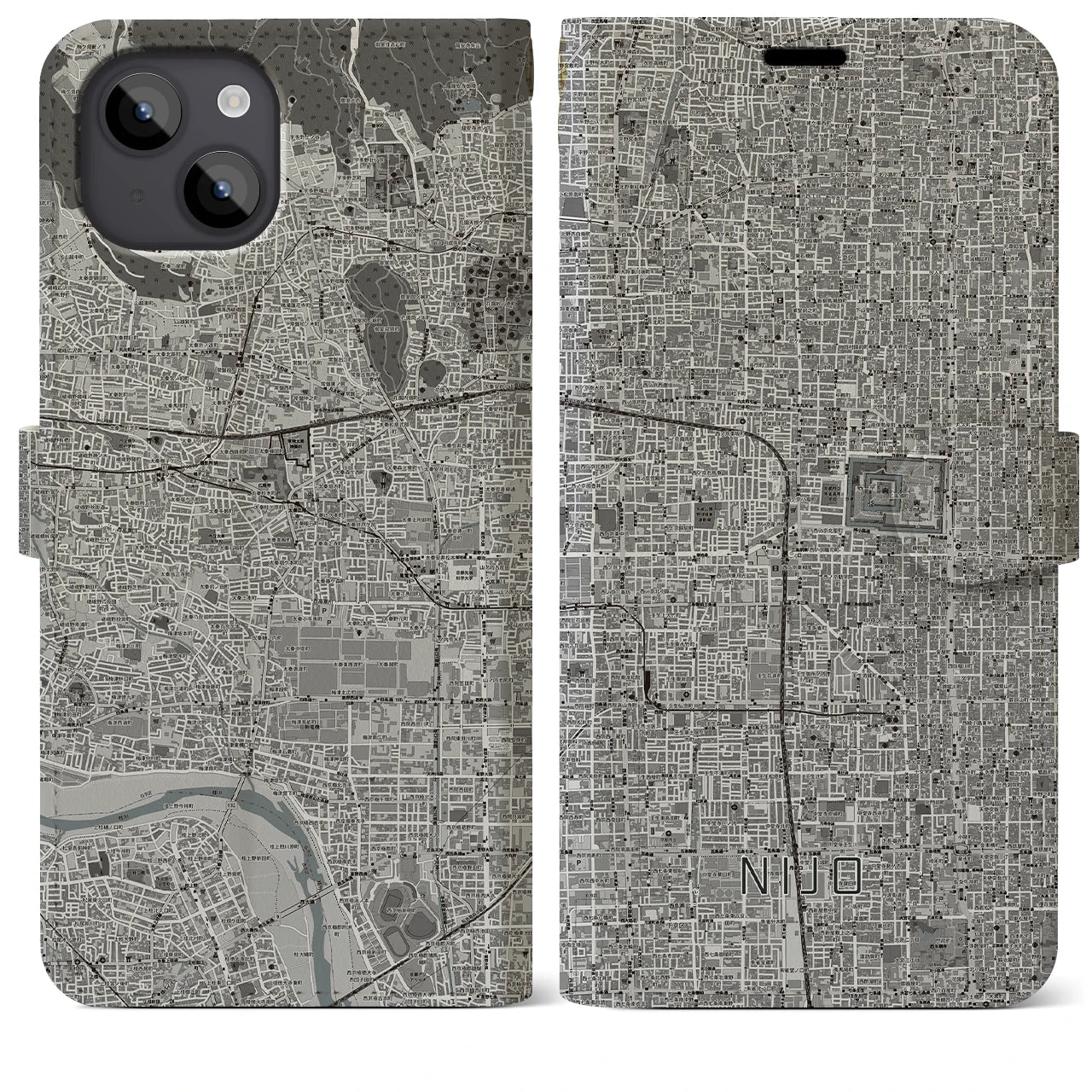 【二条(京都府)】地図柄iPhoneケース(手帳タイプ)モノトーン・iPhone 14 Plus 用