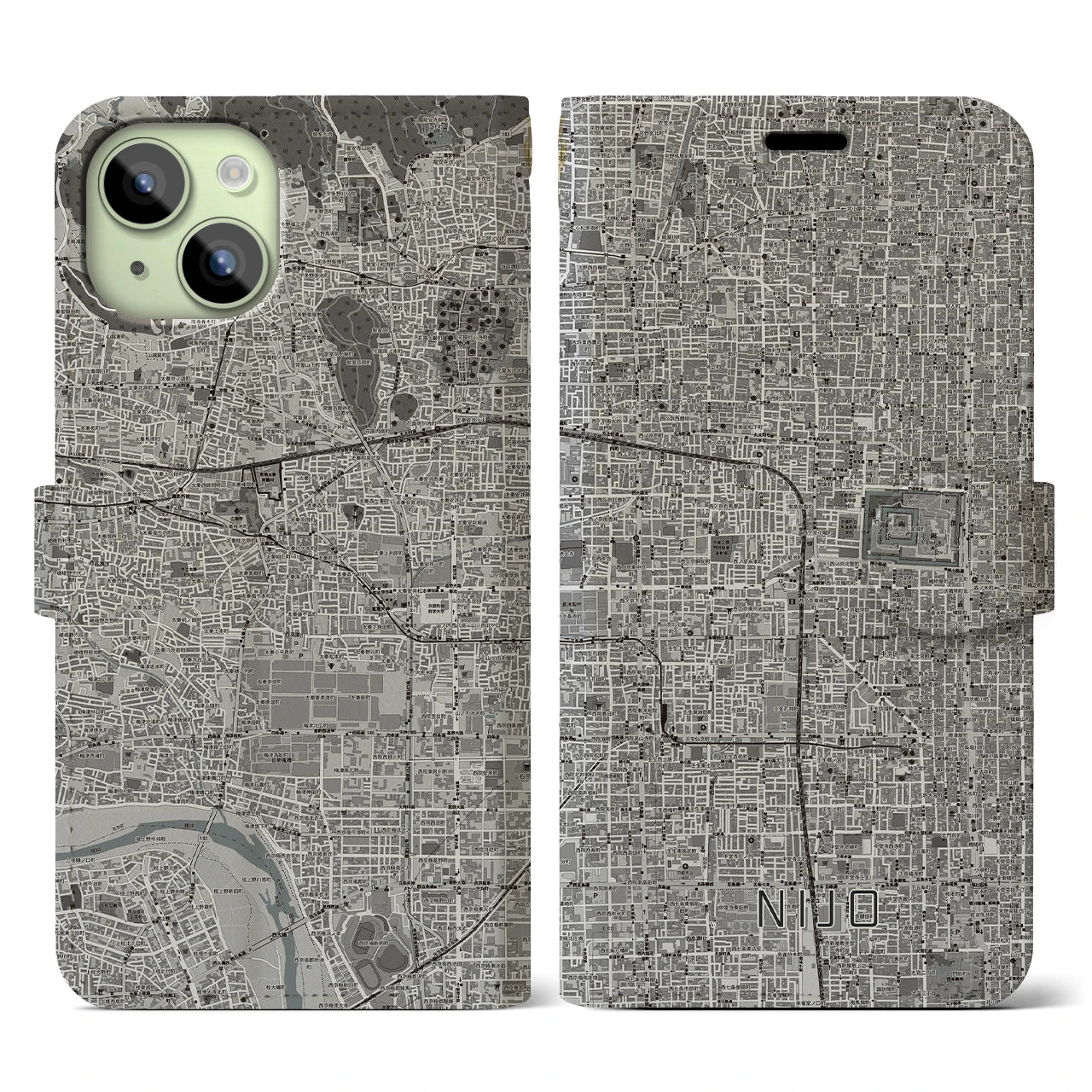 【二条(京都府)】地図柄iPhoneケース(手帳タイプ)モノトーン・iPhone 15 用