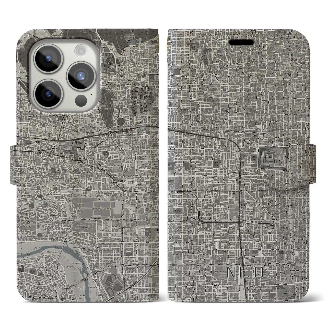 【二条(京都府)】地図柄iPhoneケース(手帳タイプ)モノトーン・iPhone 15 Pro 用