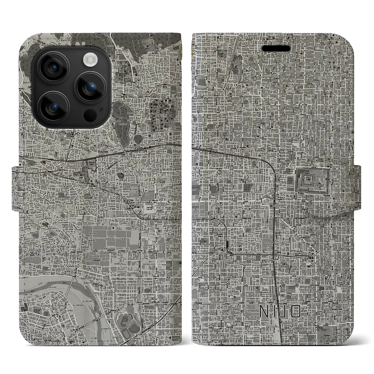 【二条(京都府)】地図柄iPhoneケース(手帳タイプ)モノトーン・iPhone 16 用